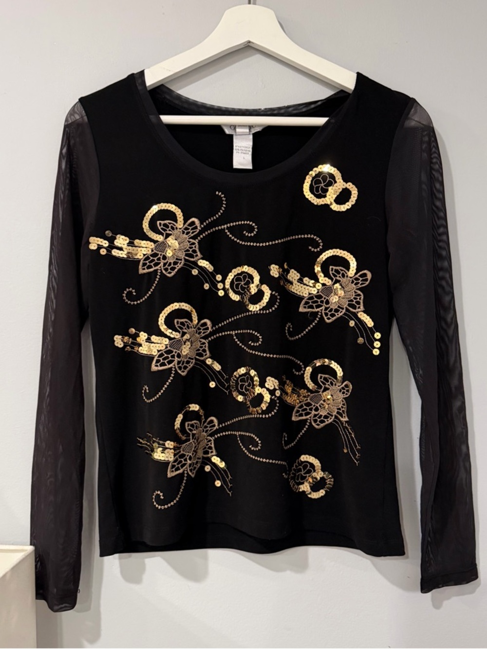Conrad C Black Long-Sleeve Top with Gold Sequin Floral Detail